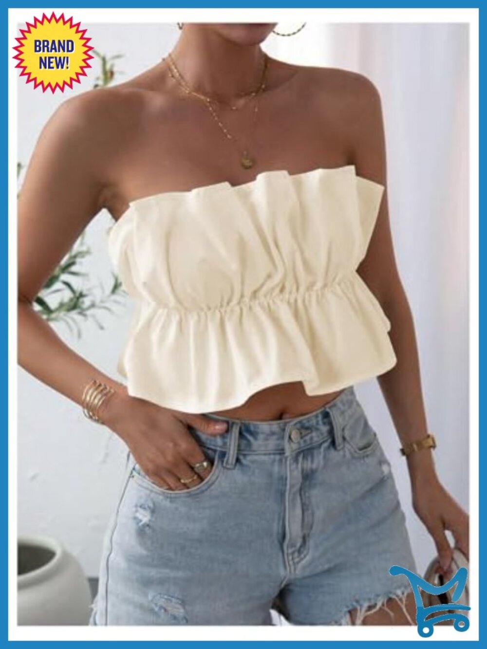 Strapless Bubble Tube Top Ruffle Open Back Sleeveless Bandeau Peplum Crop Top - Picture 2 of 4